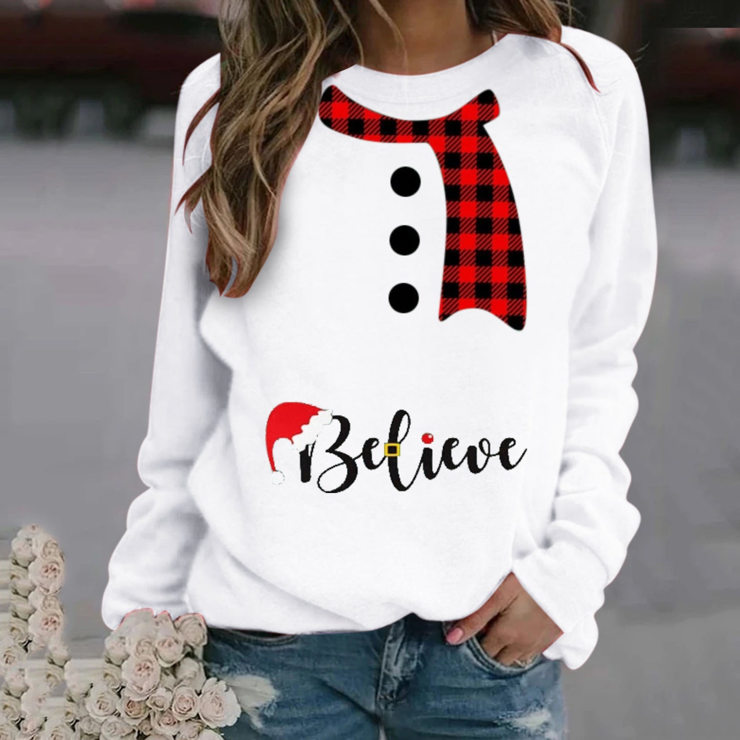 Women's Fashion Christmas Pattern Printing Long Sleeve Crew Neck Sweater