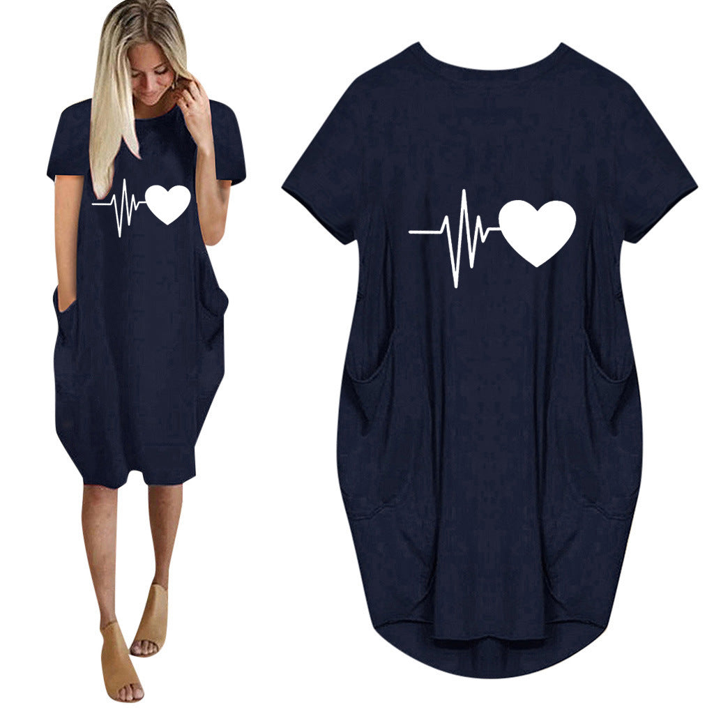 Short-sleeved Dress Valentine's Day Heart-shaped Print Dress