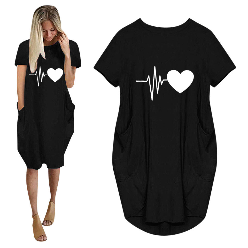 Short-sleeved Dress Valentine's Day Heart-shaped Print Dress