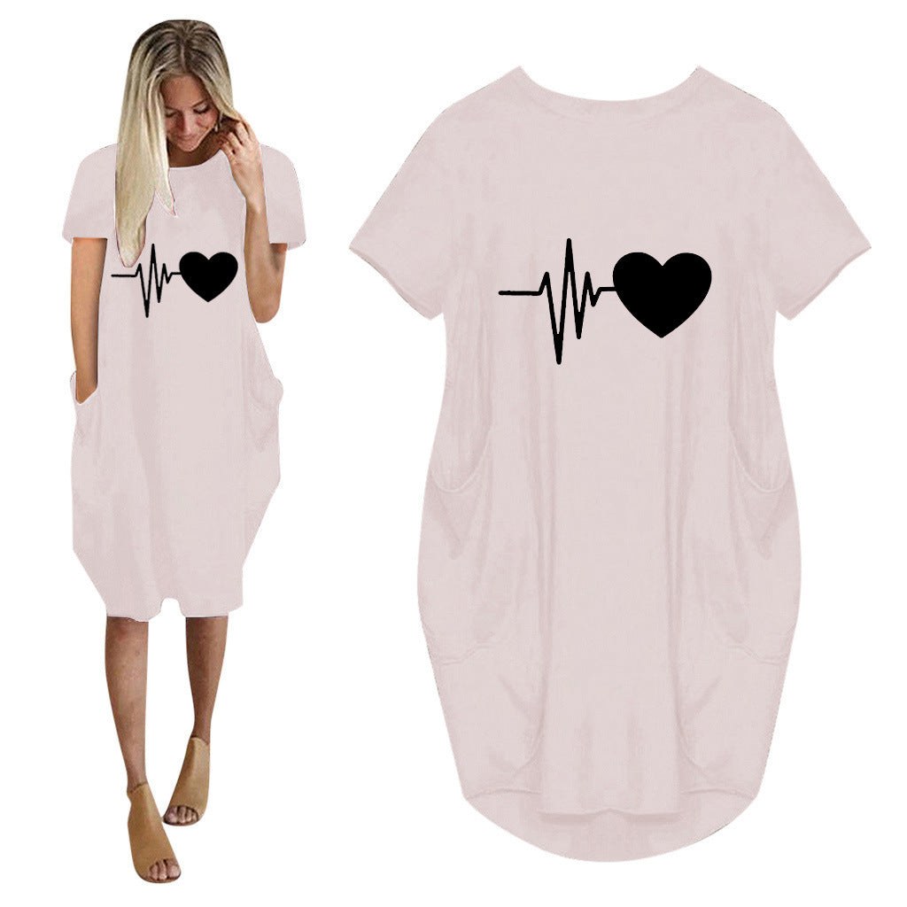 Short-sleeved Dress Valentine's Day Heart-shaped Print Dress