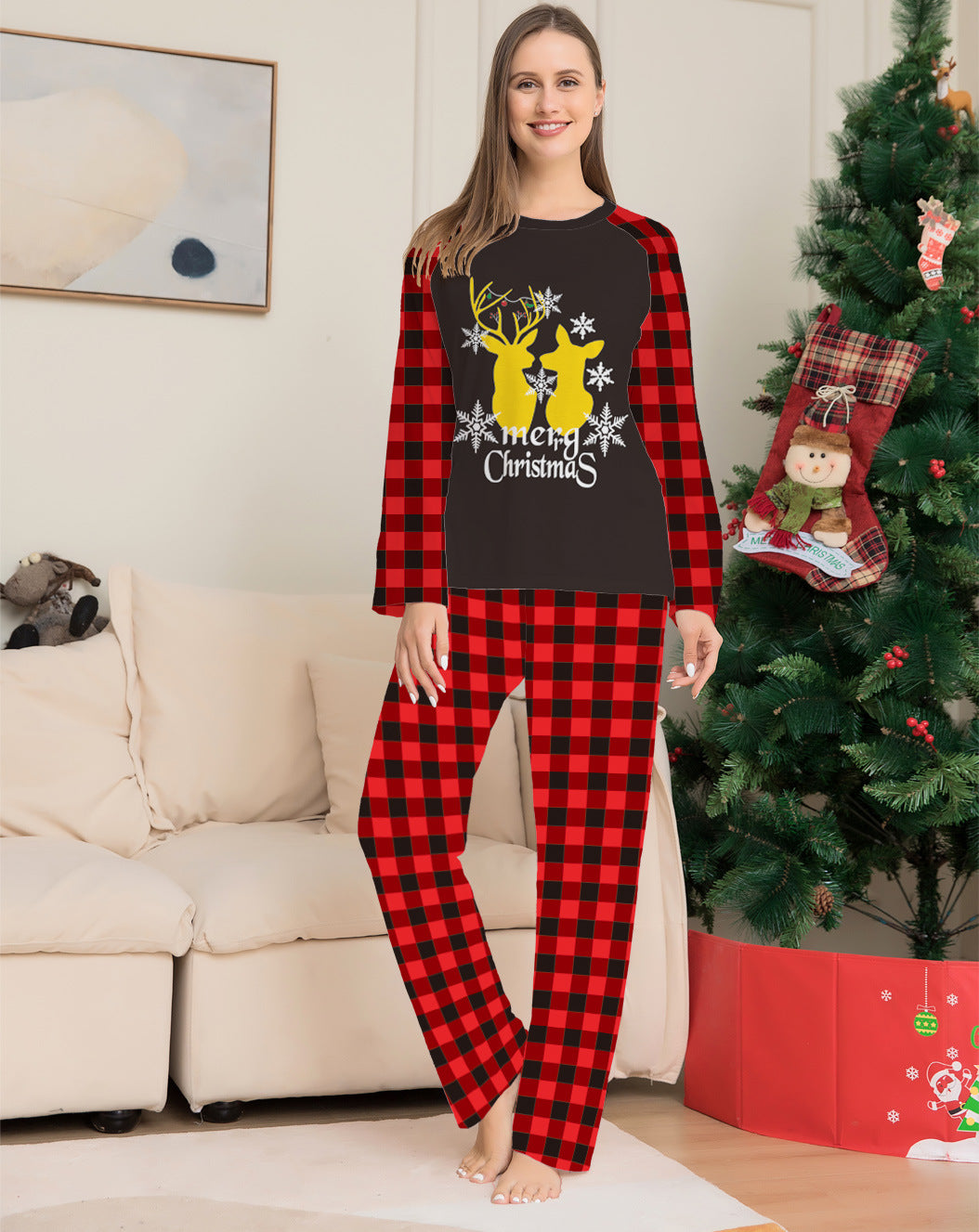 New Golden Deer Print Christmas Parent Child Pajama Set