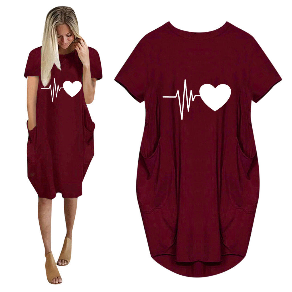 Short-sleeved Dress Valentine's Day Heart-shaped Print Dress